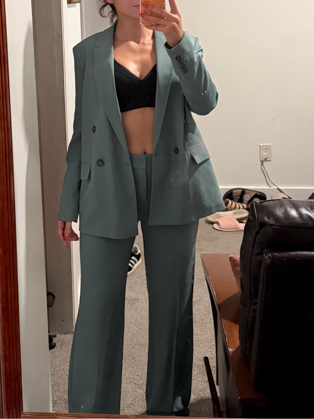 Zara Sage Green Double-Breasted Blazer with Wide-Leg Pants S